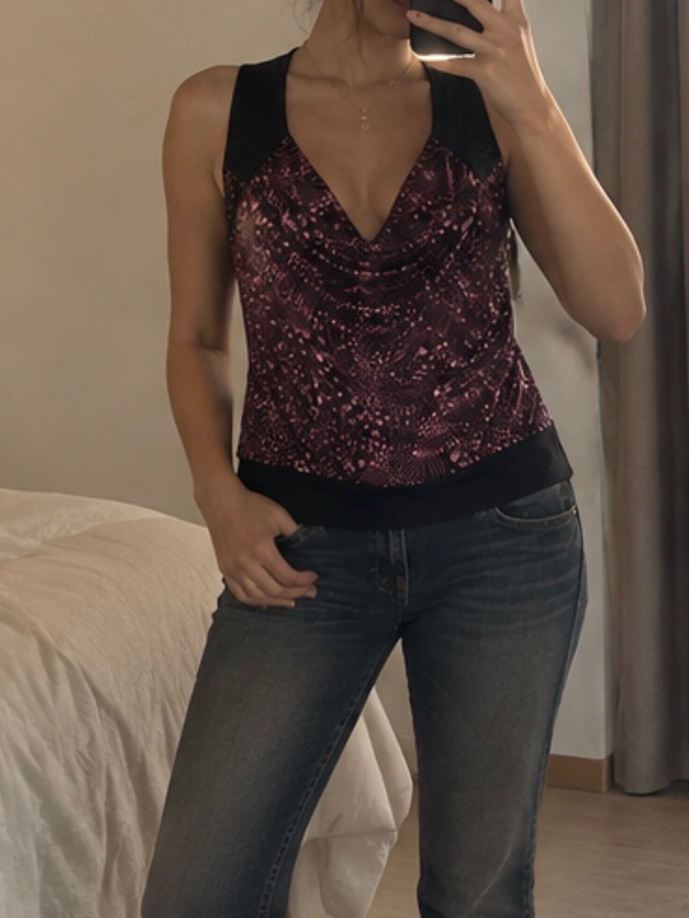 bebe Purple Patterned Cowl Neck Tank with Black Panels